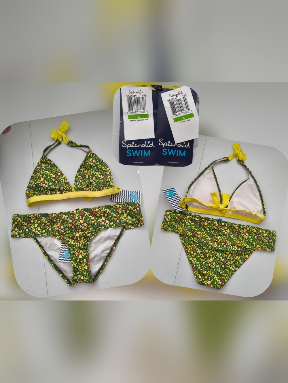 Splendid Green Floral Bikini with Yellow Trim Size Lg (Nwts)